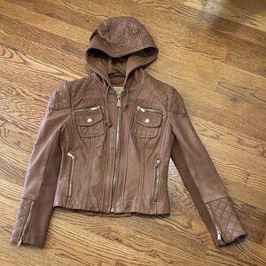 Michael Kors Tan Leather Hooded Jacket
